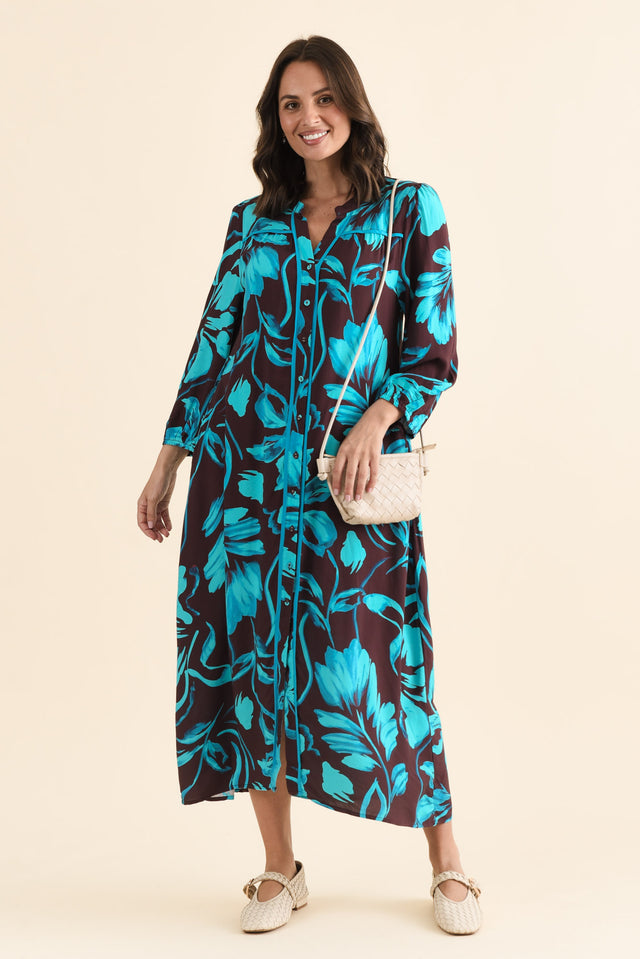 Albury Blue Floral Tie Dress,brunette model,Front of Outfit,alt text|model:MJ image 1
