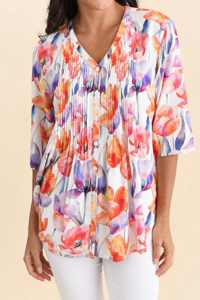 Alby Orange Flower Pleated Blouse,Brunette model,alt text|model:Brontie image 6