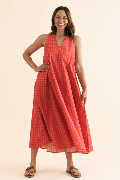 Aleta Orange Check Cotton Sleeveless Dress