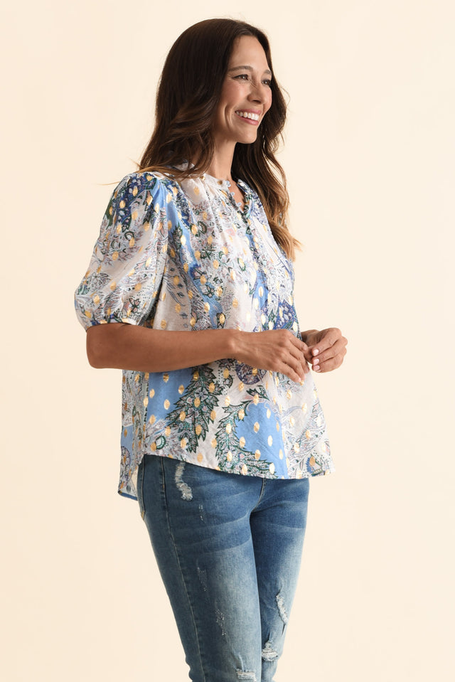 Alexandra Blue Abstract Button Top,Brunette model,alt text|model:Cara image 5