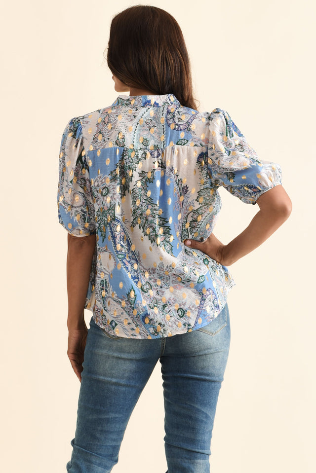 Alexandra Blue Abstract Button Top,Brunette model,alt text|model:Cara image 6