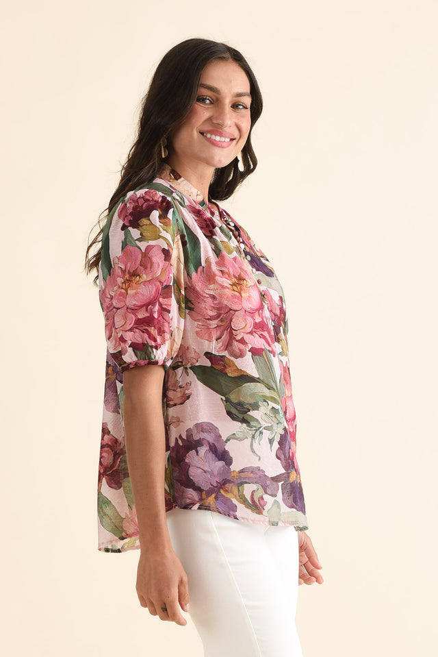 Alexandra Pink Floral Button Top,Side,Brunette model,alt text|model:Brontie image 3
