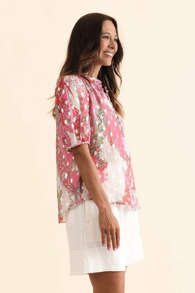 Alexandra Pink Paisley Button Top,Brunette model,alt text|model:Cara image 5