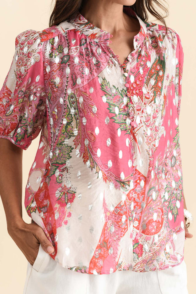 Alexandra Pink Paisley Button Top,Brunette model,alt text|model:Cara image 7