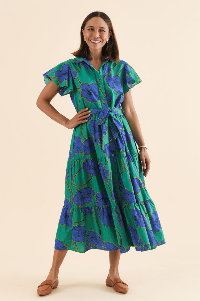 Alice Cobalt Floral Cotton Tiered Dress,Full Body,Brunette model,alt text|model:Cara image 2