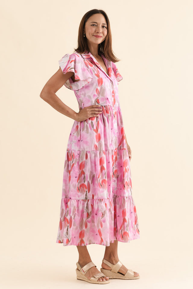 Alice Pink Floral Cotton Tiered Dress,Side,Brunette model,alt text|model:Cara image 3