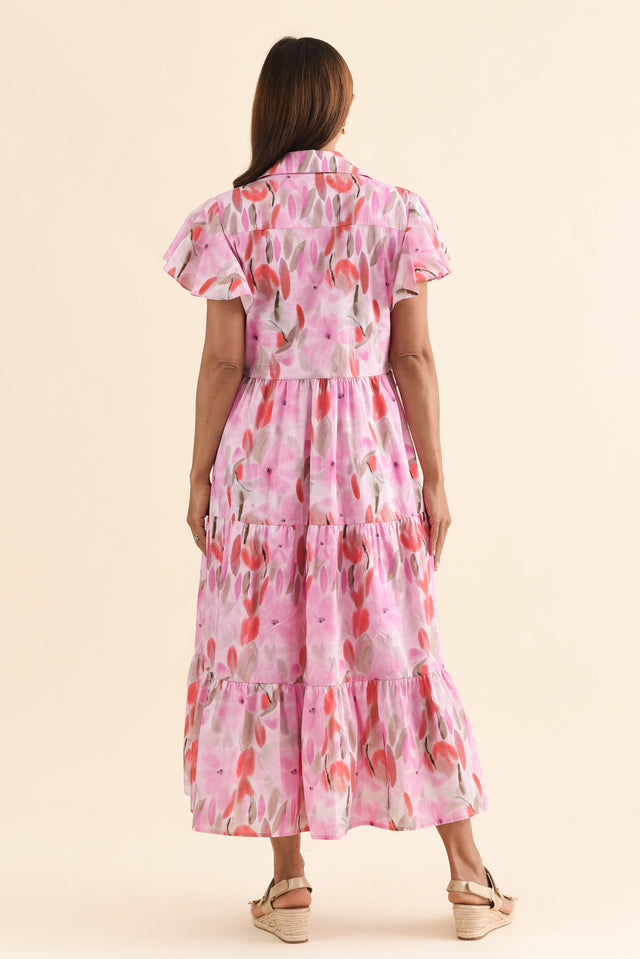Alice Pink Floral Cotton Tiered Dress,Back,Brunette model,alt text|model:Cara image 4