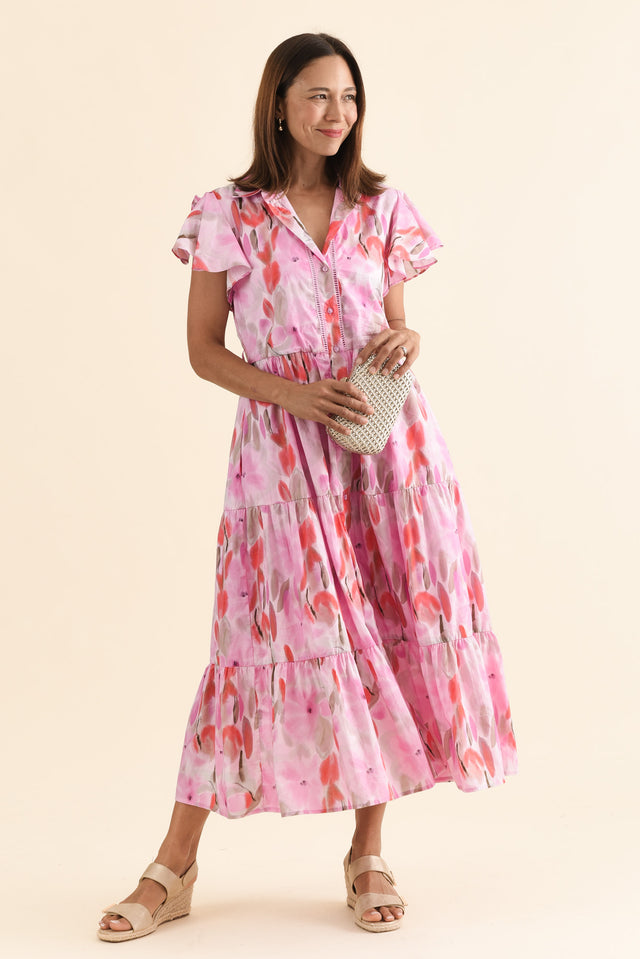 Alice Pink Floral Cotton Tiered Dress,Front,Brunette model,alt text|model:Cara