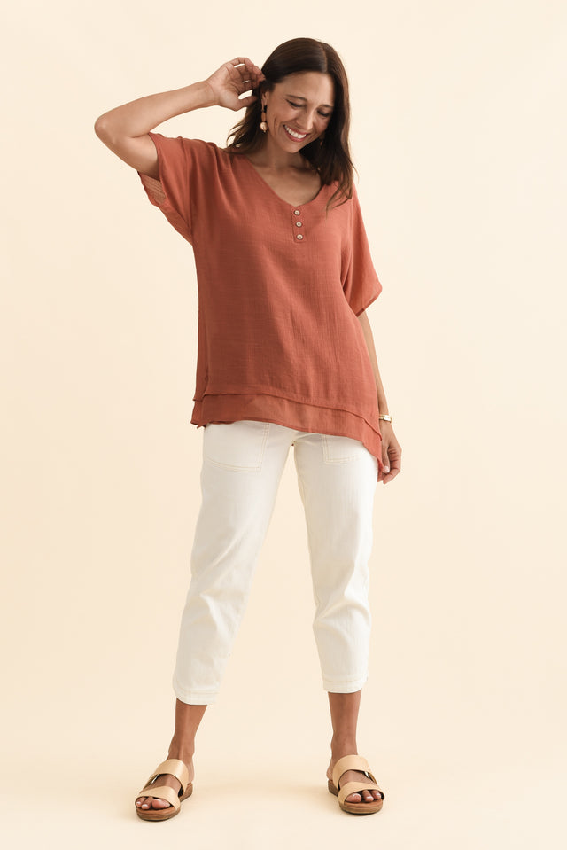 Alison Rust Layered Button Top,Brunette model,alt text|model:Cara image 7