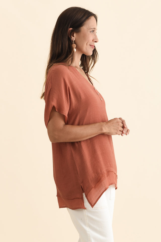 Alison Rust Layered Button Top,Brunette model,alt text|model:Cara image 4