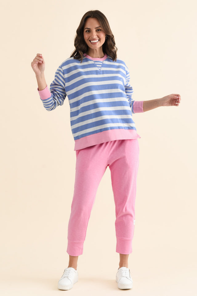 All Sorts Blue Stripe Crewneck Sweatshirt,brunette model,Full Outfit,alt text|model:MJ image 2