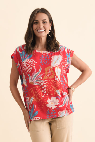 Alta Red Foliage Linen Cotton Top