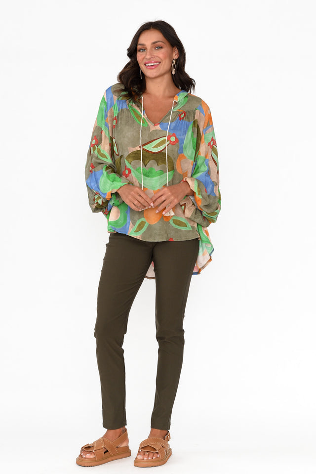 Althea Khaki Blossom V Neck Top