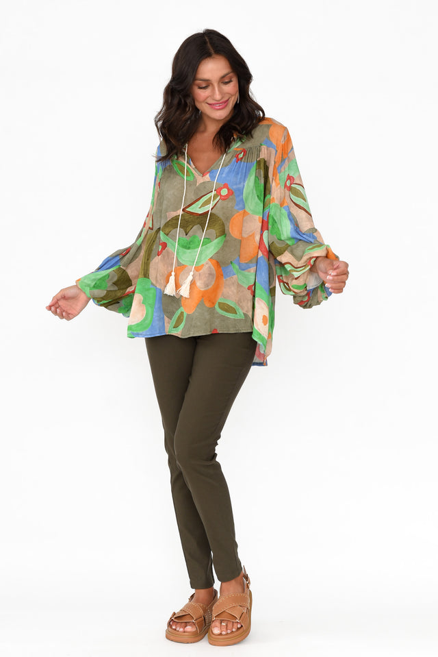 Althea Khaki Blossom V Neck Top