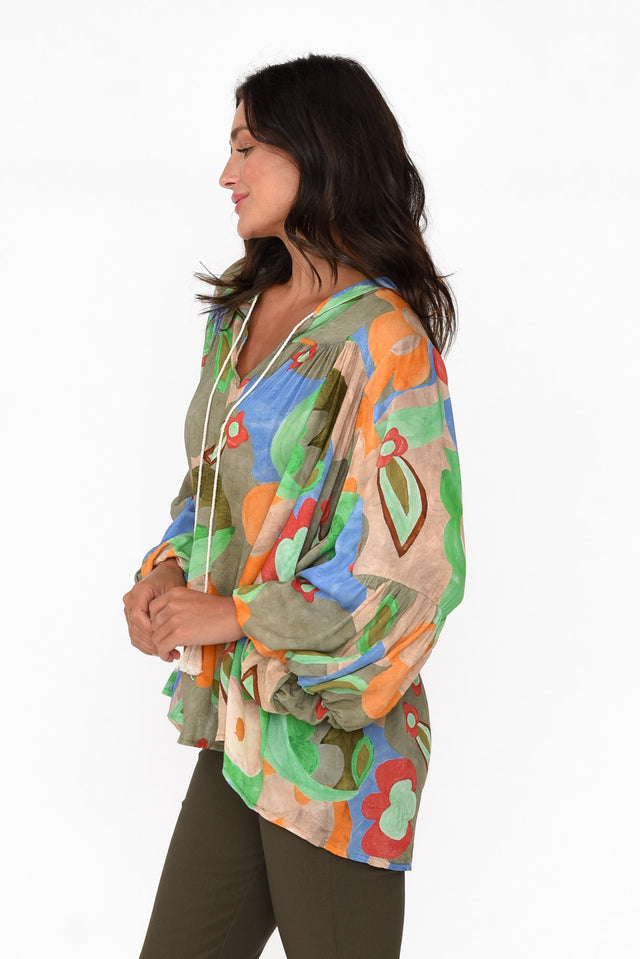 Althea Khaki Blossom V Neck Top