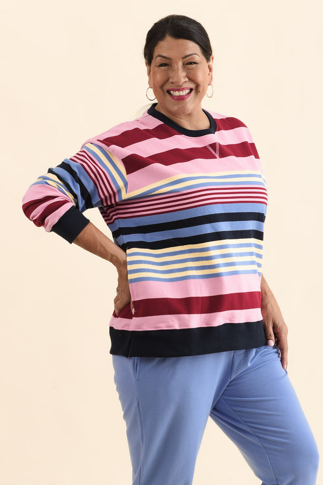 Alva Pink Stripe Cotton Sweatshirt,Side,Brunette model,alt text|model:Pilita image 3