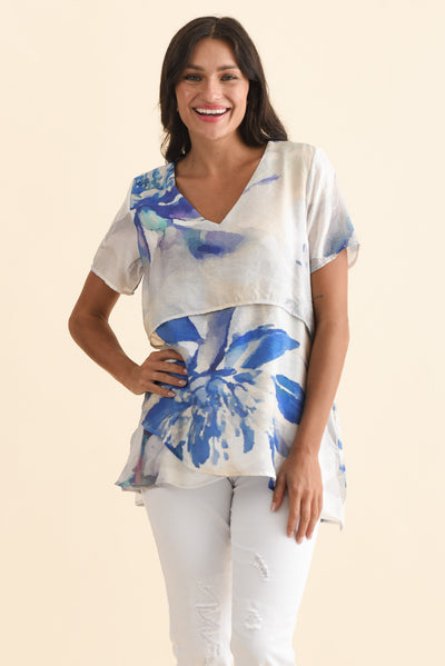 Alvina Blue Flower Layered Tunic Top