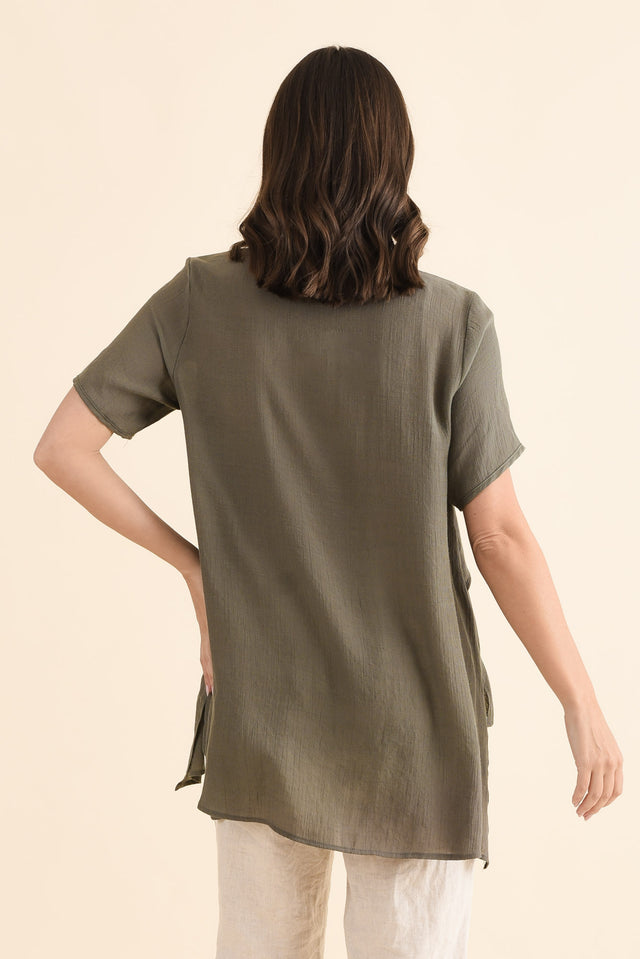 Alvina Khaki Layered Tunic Top,Detail,Brunette model,alt text|model:MJ image 7