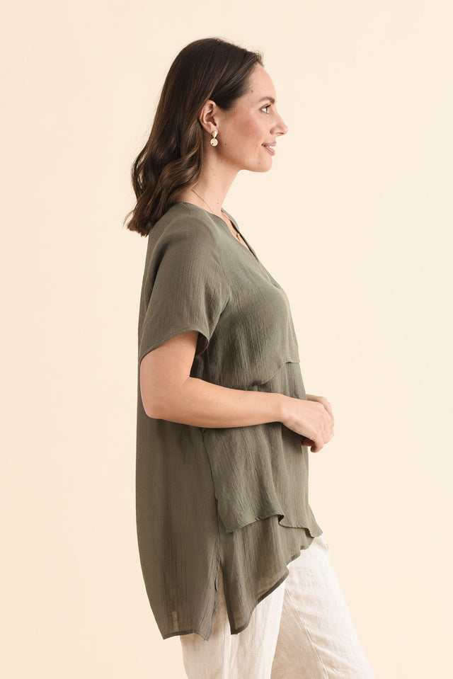 Alvina Khaki Layered Tunic Top,Back,Brunette model,alt text|model:MJ image 6