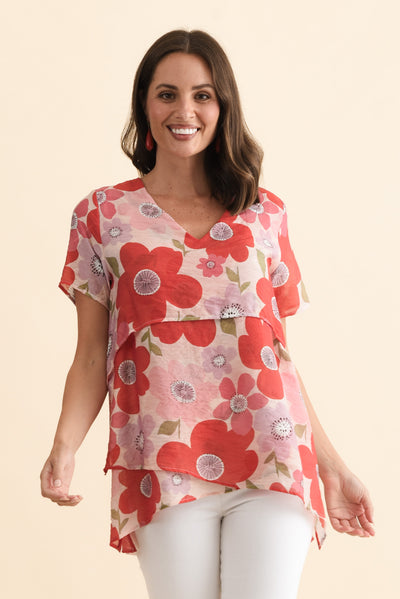 Alvina Red Poppy Layered Tunic Top