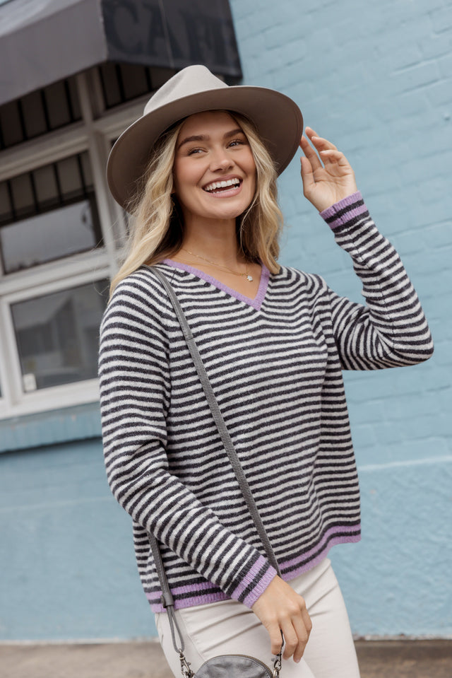 Alzira Grey Stripe V Neck Jumper