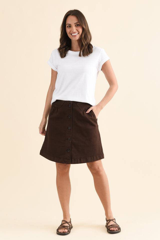 Amanda Chocolate Stretch Denim Skirt,Full Body,Brunette model,alt text|model:MJ image 6