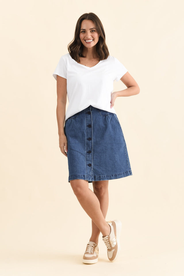 Amanda Light Blue Stretch Denim Skirt,Full Body,Brunette model,alt text|model:MJ image 8