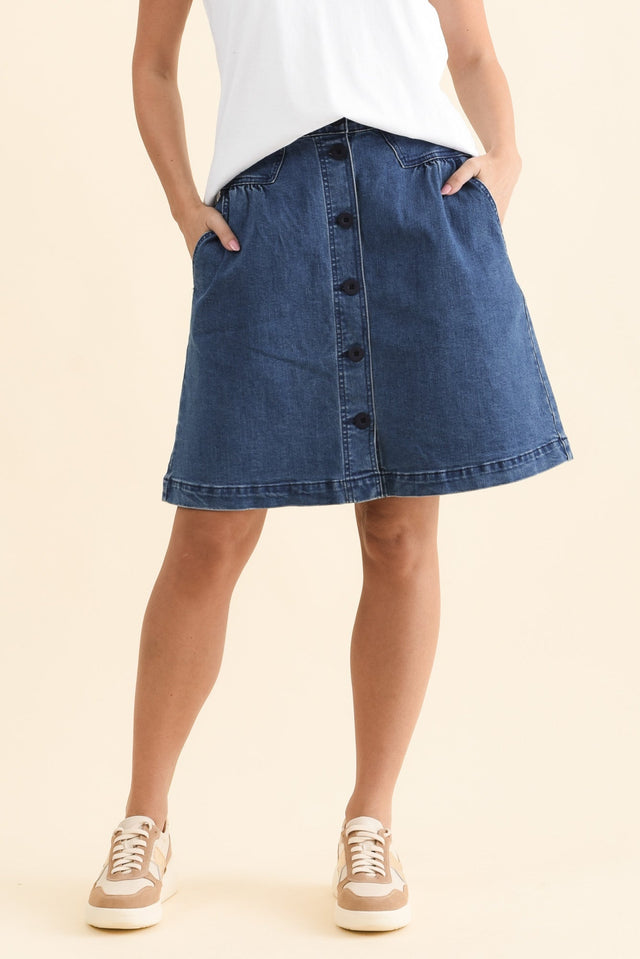 Amanda Light Blue Stretch Denim Skirt,Front,Brunette model,alt text|model:MJ