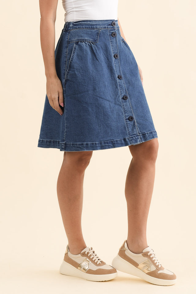 Amanda Light Blue Stretch Denim Skirt,Side,Brunette model,alt text|model:MJ image 5