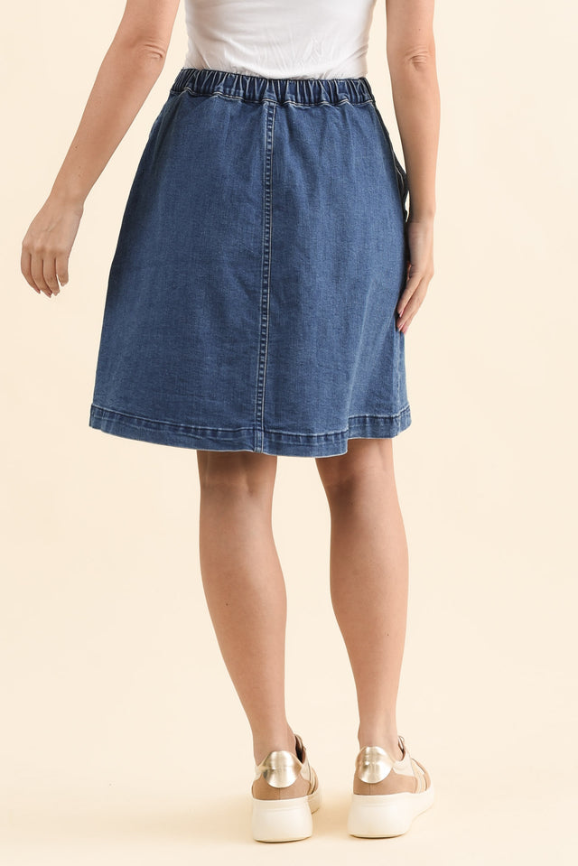 Amanda Light Blue Stretch Denim Skirt,Back,Brunette model,alt text|model:MJ image 6
