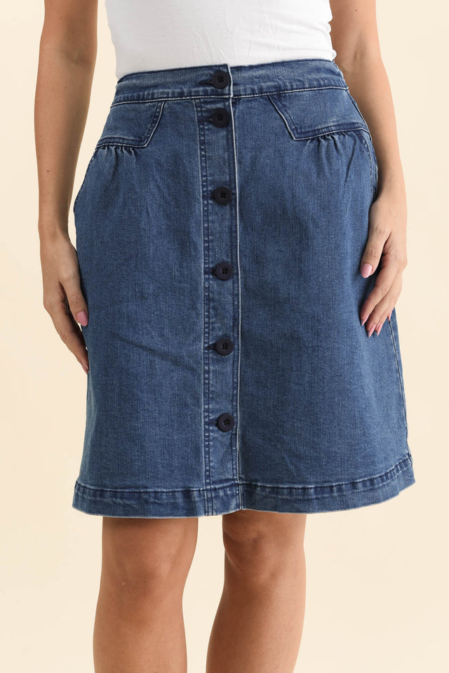Amanda Light Blue Stretch Denim Skirt,Detail,Brunette model,alt text|model:MJ image 7