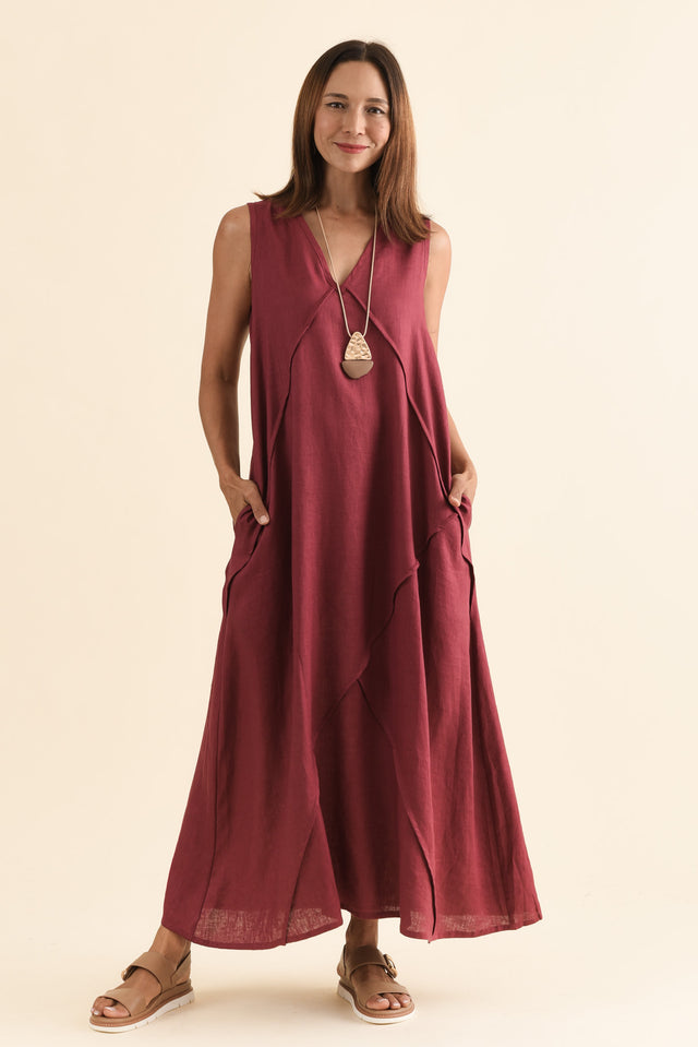 Amari Berry Linen Pocket Dress,Front,Brunette model,alt text|model:Cara
