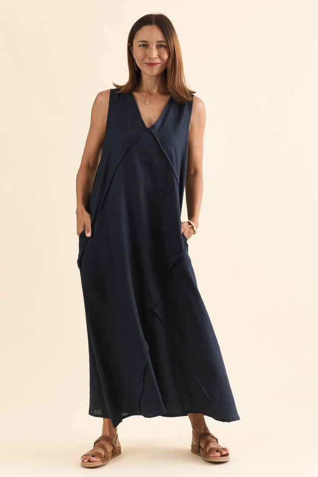 Amari Navy Linen Pocket Dress,Full Body,Brunette model,alt text|model:Cara