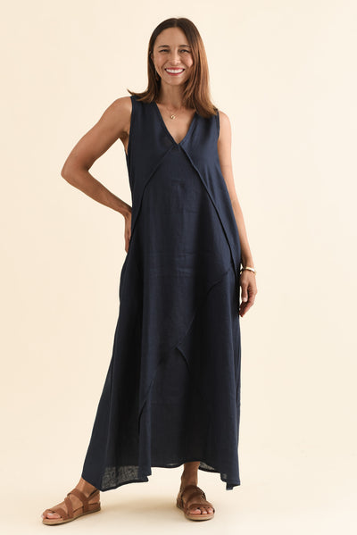 Amari Navy Linen Pocket Dress
