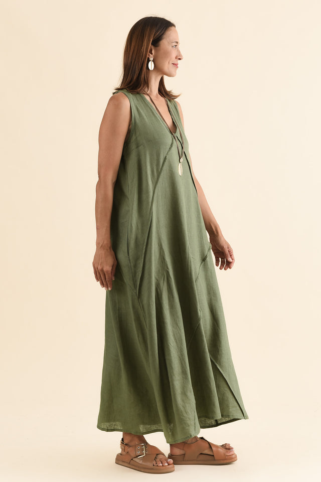 Amari Olive Linen Pocket Dress,Side,Brunette model,alt text|model:Cara image 3