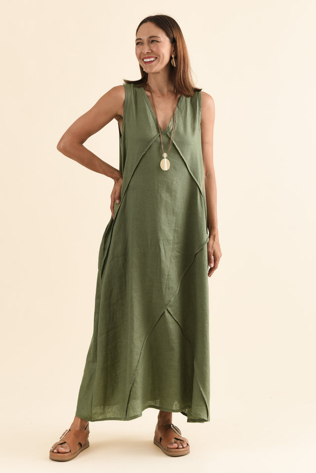 Amari Olive Linen Pocket Dress,Full Body,Brunette model,alt text|model:Cara image 2