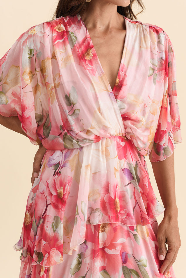 Amelie Pink Floral Silk Layer Dress,Brunette model,alt text|model:Cara image 7