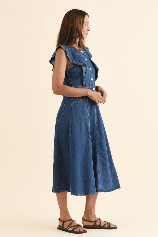 Amity Blue Denim Frill Sleeve Dress,Side,Brunette model,alt text|model:Cara image 3