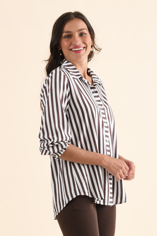 Amour Chocolate Stripe Puff Sleeve Shirt,Side,Brunette model,alt text|model:Brontie image 3