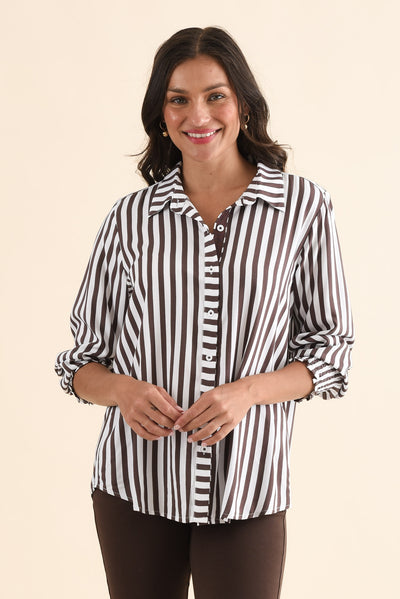 Amour Chocolate Stripe Puff Sleeve Shirt