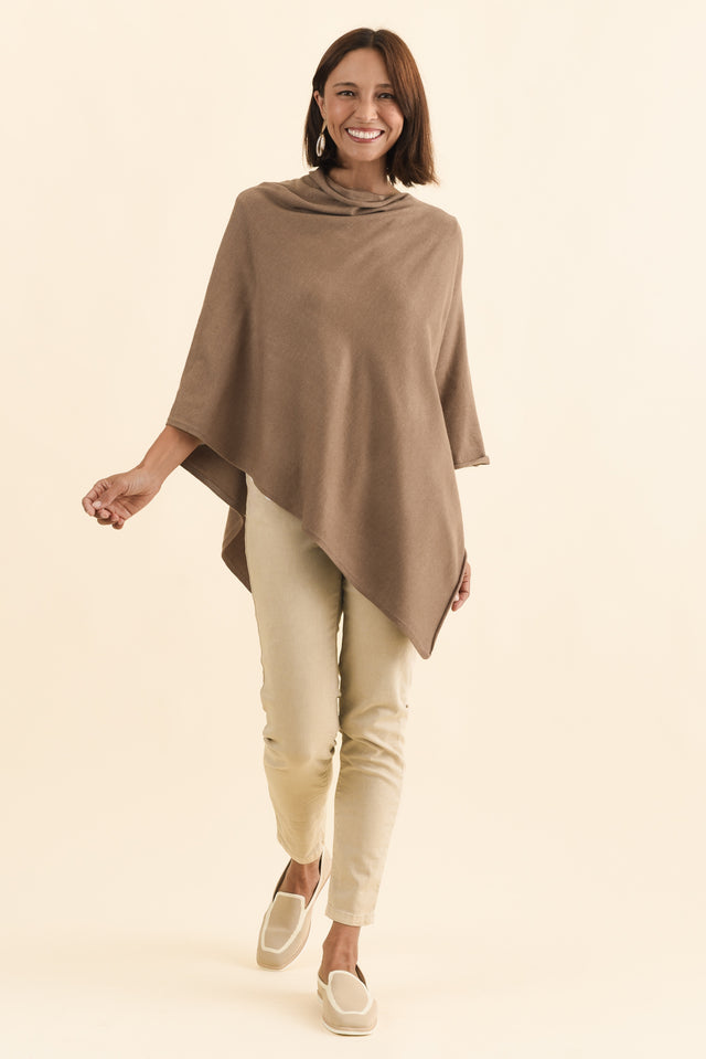 Amy Chocolate Wool Blend Poncho,Brunette model,alt text|model:Cara image 3