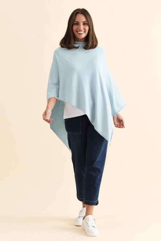 Amy Sky Blue Wool Blend Poncho,Brunette model,alt text|model:MJ image 7