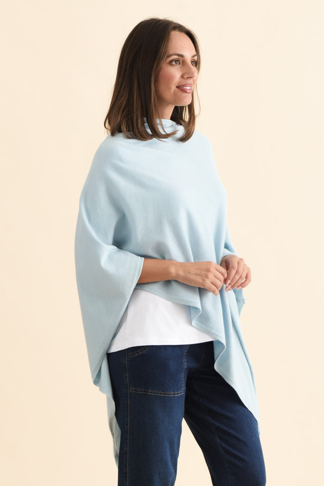 Amy Sky Blue Wool Blend Poncho,Brunette model,alt text|model:MJ image 4