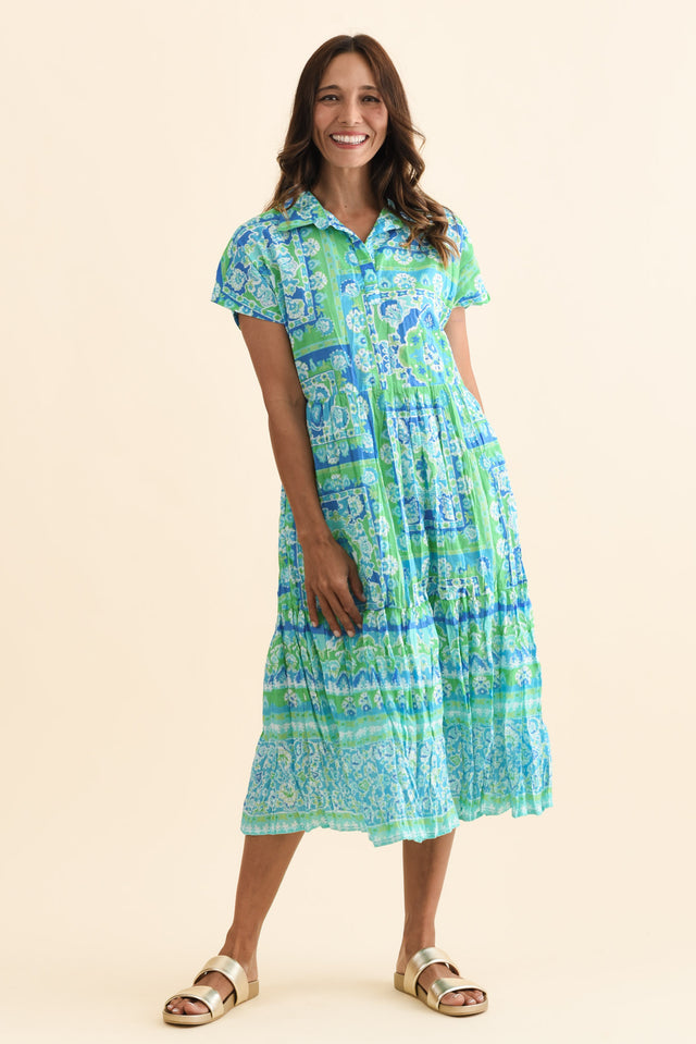 Anali Blue Abstract Cotton Shirt Dress,Brunette model,alt text|model:Cara image 3