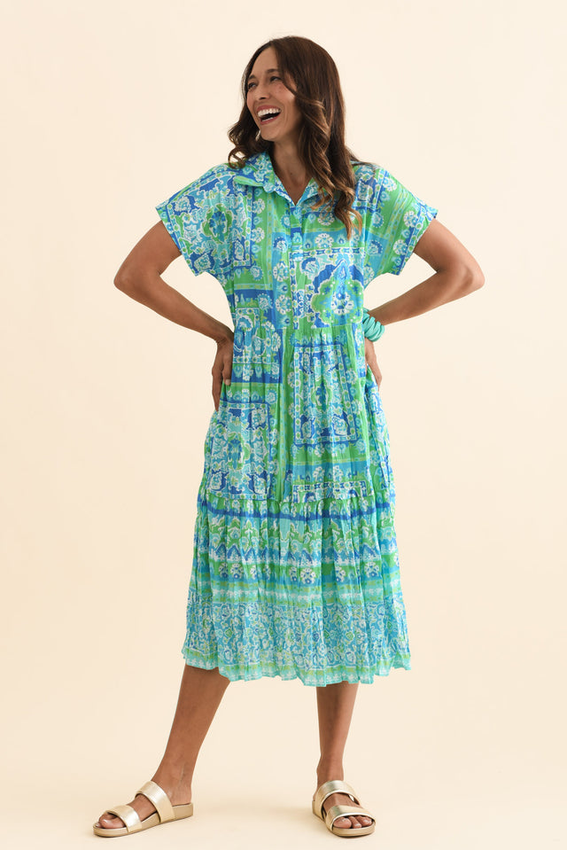 Anali Blue Abstract Cotton Shirt Dress,Brunette model,alt text|model:Cara image 7