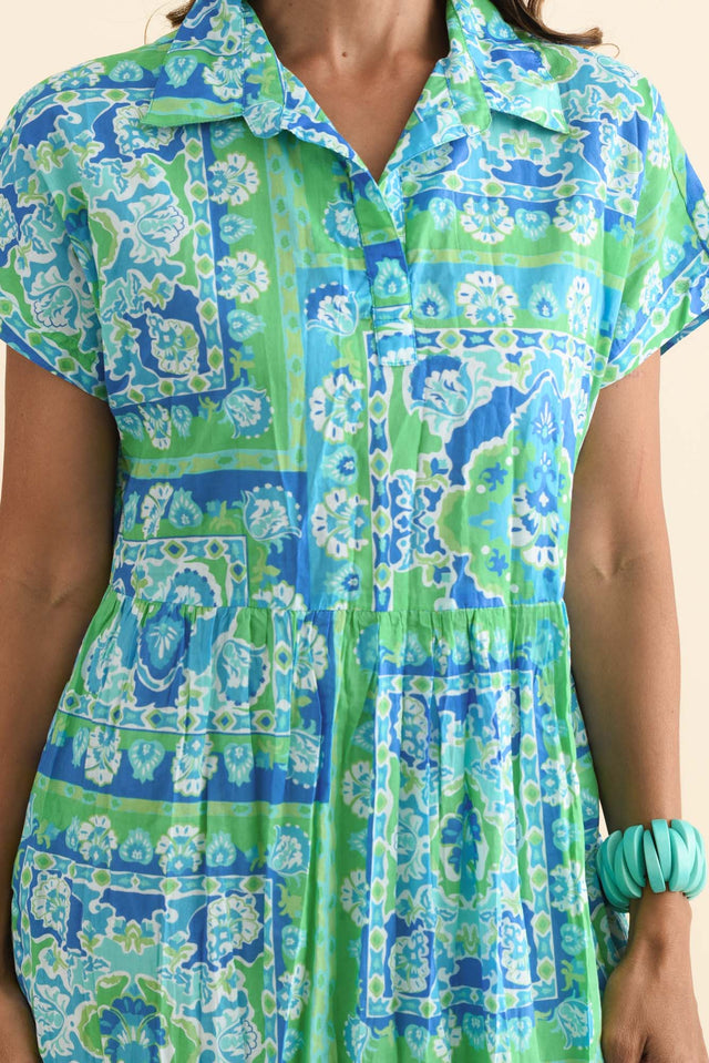 Anali Blue Abstract Cotton Shirt Dress,Brunette model,alt text|model:Cara image 6