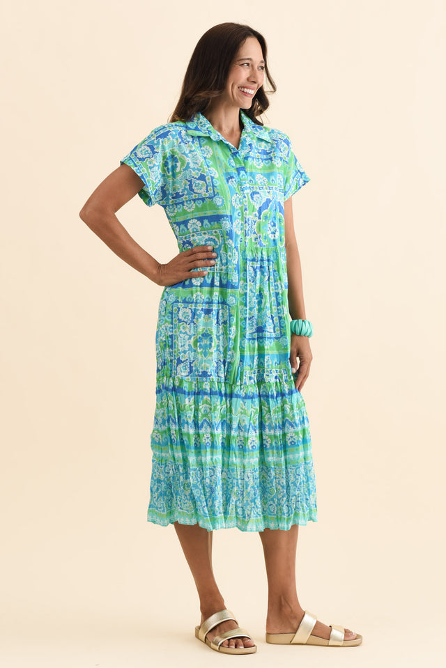 Anali Blue Abstract Cotton Shirt Dress,Brunette model,alt text|model:Cara image 4