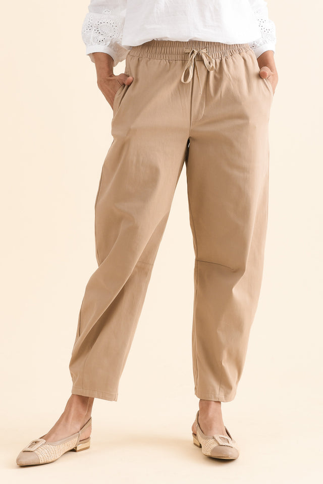 Andy Beige Cotton Barrel Pants,Front,Brunette model,alt text|model:Cara image 2