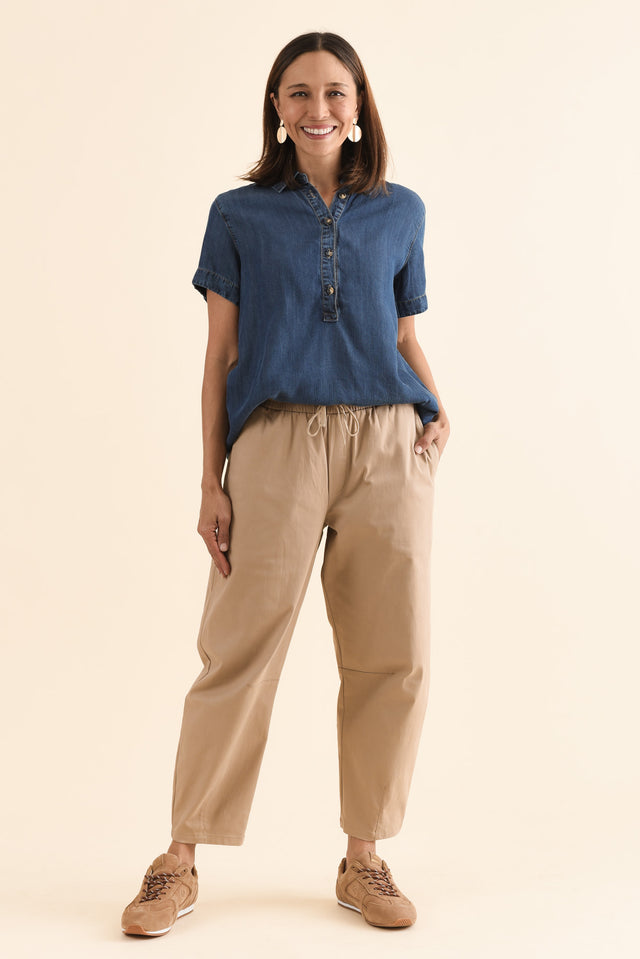 Andy Beige Cotton Cropped Barrel Pants,Full Body,Brunette model,alt text|model:Cara