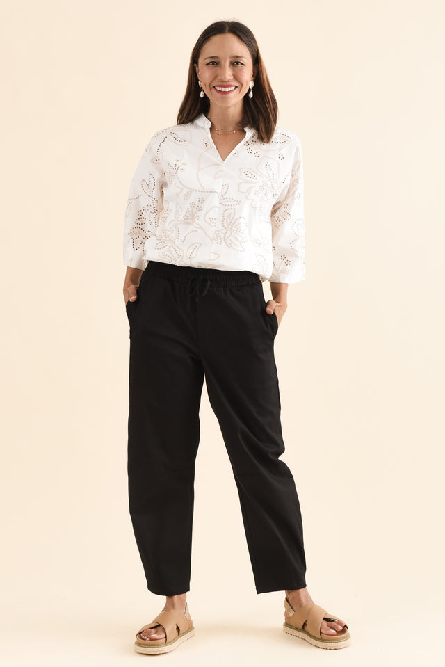 Andy Black Cotton Barrel Pants,Full Body,Brunette model,alt text|model:Cara image 6